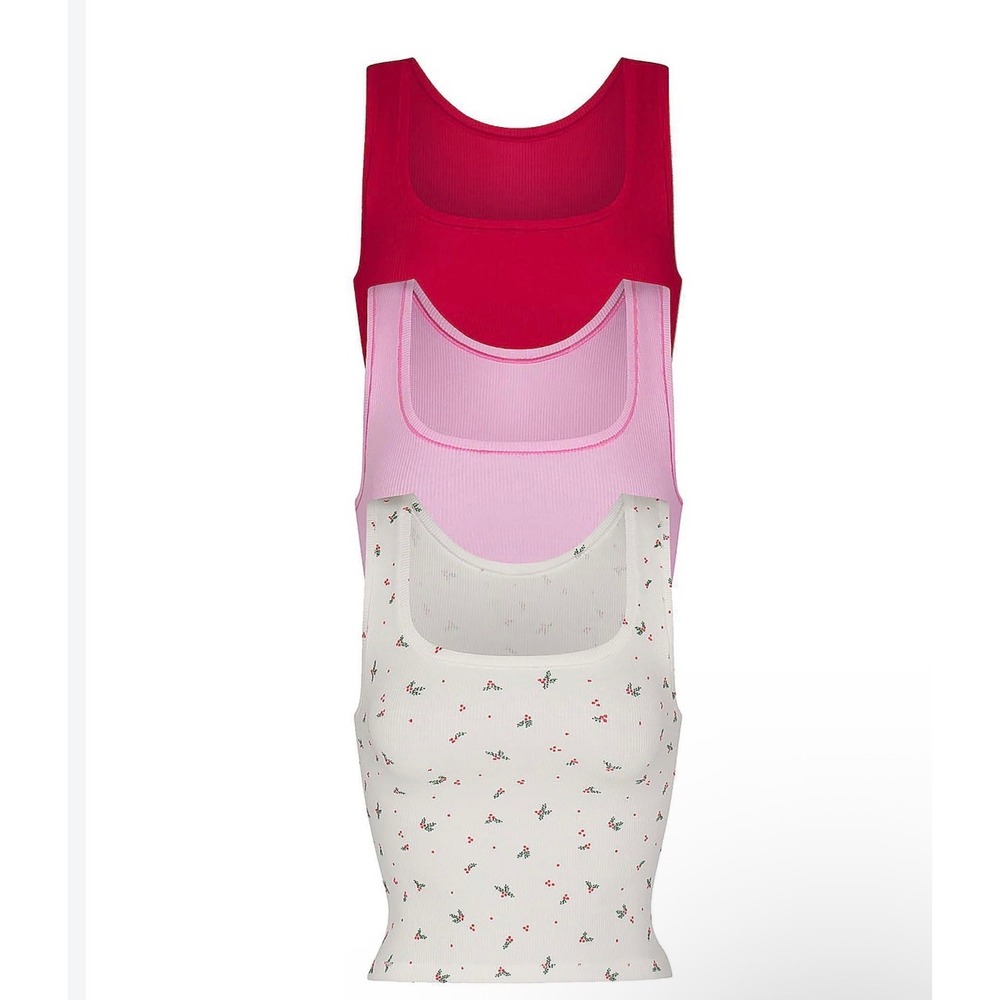 SKIMS Cotton Rib Tank 3-Pack Marble Holly Multi Red Pink White XXS TP-TNK-5594W